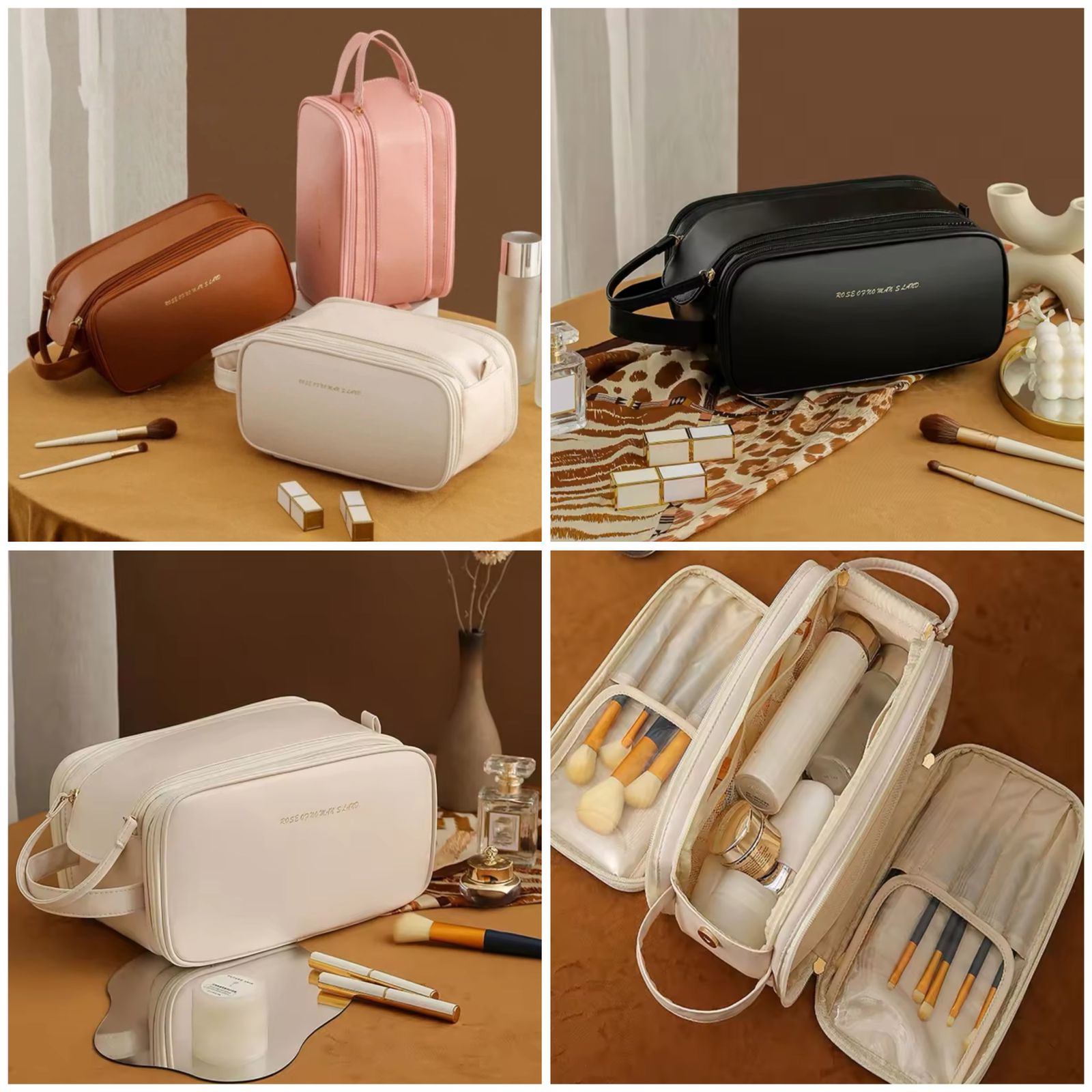 3 Layer Cosmetic Bag, Portable Folding Large Capacity Makeup Bag, Double Zipper With Handle Storage Organizer 3 Layer Cosmetic Bag, Portable Folding Large Capacity Makeup Bag, Double Zipper With Handle Storage Organizer